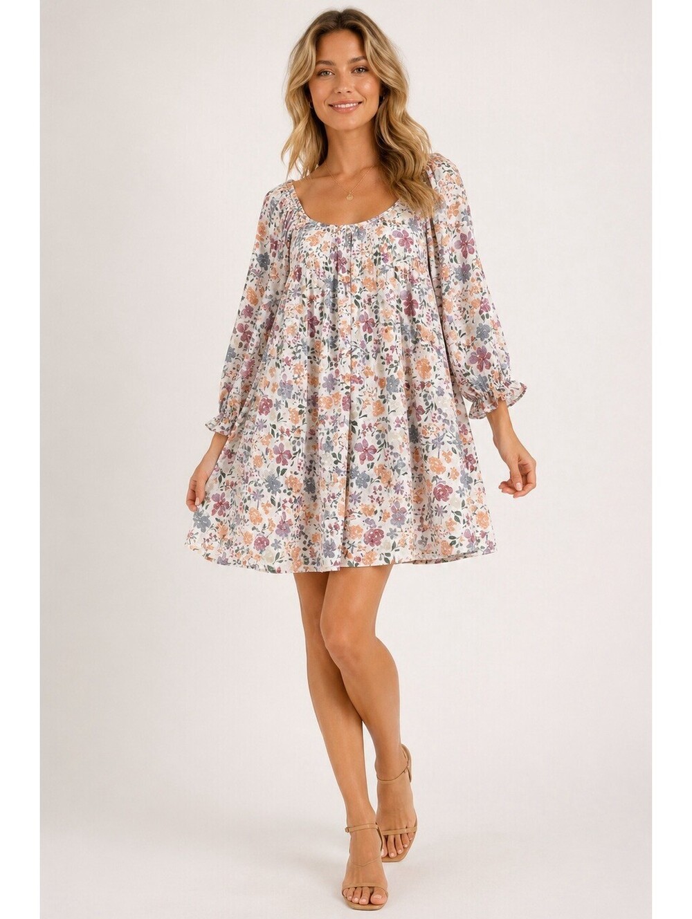 Sweet Lemon Puff Slv Babydoll Dress Women Sz Large Multi Floral Square Neck Mini